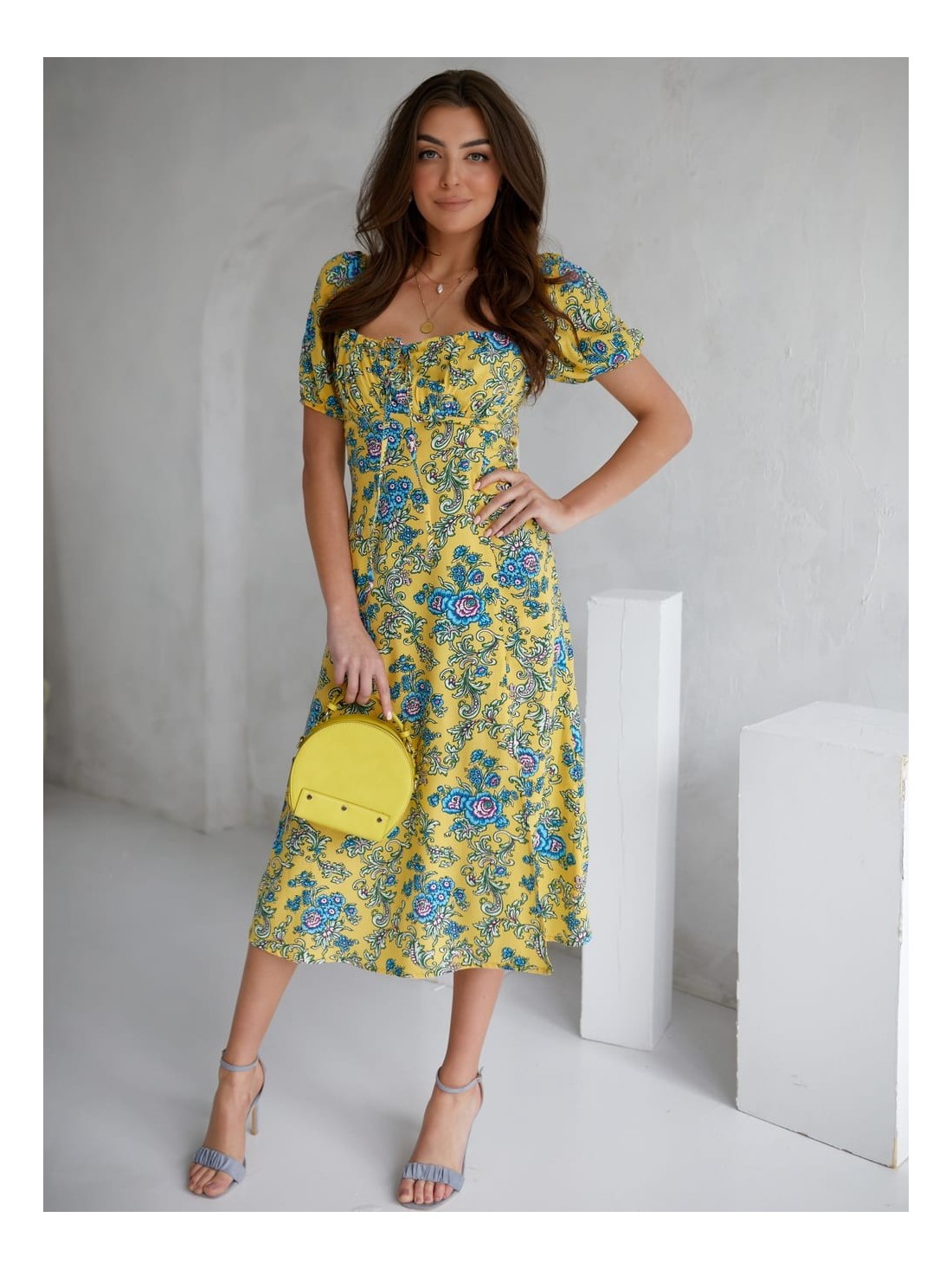 Patterned maxi dress with a tied neckline, yellow 0596 - Online store - Boutique